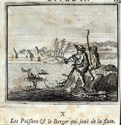 Der Fisch und der Hirte, der Flöte spielt. Fabeln von Jean de La Fontaine. Illustration von François Chauveau. Ausgabe von 1728. von Francois Chauveau