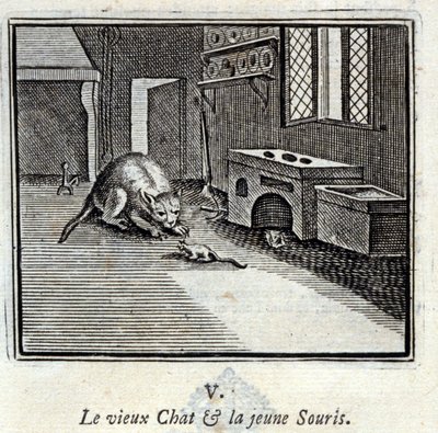 Die alte Katze und die junge Maus. Fabeln von Jean de La Fontaine. Illustration von François Chauveau. Ausgabe von 1728. von Francois Chauveau