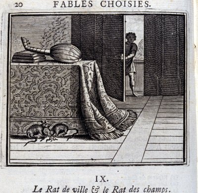 Die Stadtmaus und die Feldmaus. Fabeln von Jean de La Fontaine. Illustration von François Chauveau. Ausgabe von 1728 von Francois Chauveau