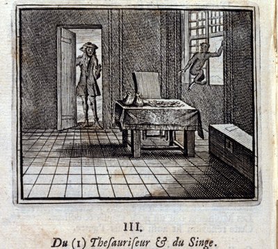 Der Schatzmeister und der Affe. Fabeln von Jean de La Fontaine. Illustration von François Chauveau. Ausgabe von 1728. von Francois Chauveau