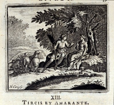 Tircis und Amaranth. Fabeln von Jean de La Fontaine. Illustration von François Chauveau. Ausgabe von 1728. von Francois Chauveau