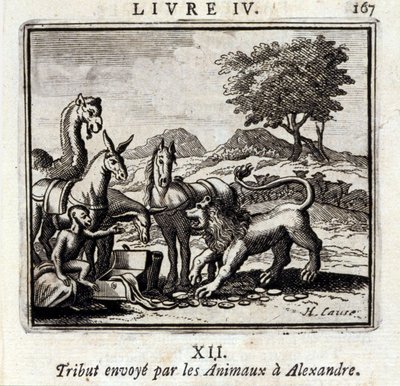 Tribut der Tiere an Alexander. Fabeln von Jean de La Fontaine. Illustration von François Chauveau. Ausgabe von 1728. von Francois Chauveau