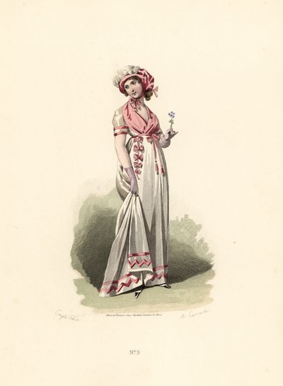 Frau im weißen Kleid, rosa Fichu und Korsage von Francois Claudius (after) Compte Calix