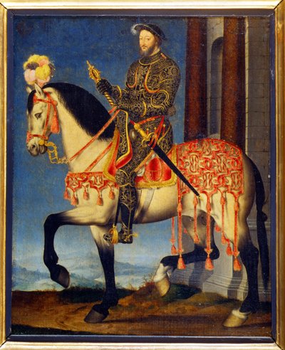 Porträt von Franz I. zu Pferd von François Clouet (ca. 1510-1572). Uffizien, Florenz - Reiterporträt von Franz I. von Frankreich (Öl auf Holz). von François Clouet