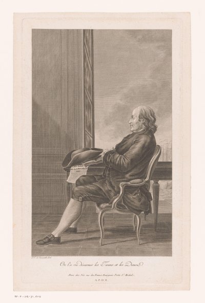 Porträt von Benjamin Franklin im Profil auf einem Stuhl sitzend von Francois Denis Nee
