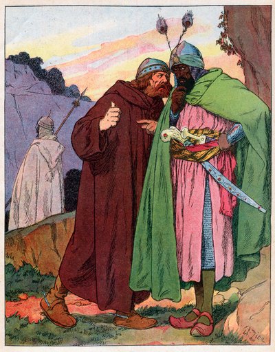 Ganelon berichtet die Worte von Kaiser Karl dem Großen (742-814) dem Feind (Rolandslied) (Materie von Frankreich) - Illustration von François Zier (1856-1924) aus „Nos-Gloriers-Nationales“ um 1920 von Francois Edouard Zier