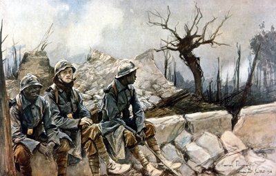 3 französische Soldaten vor den Ruinen der Kirche von Dampierre. Krieg 1914 - 1918 (Gemälde von Francois Flameng) von Francois Flameng