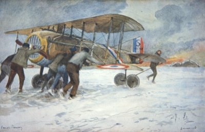 Bodenpersonal und Pilot manövrieren einen französischen Spad-Jäger durch den Schnee zu einem Hangar, Januar 1918 von Francois Flameng