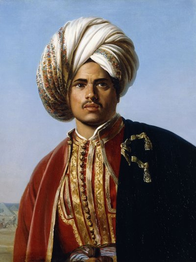 Porträt eines osmanischen Prinzen, Halbfigur, in Rot und Gold von Francois Henri Alexandre La Fond