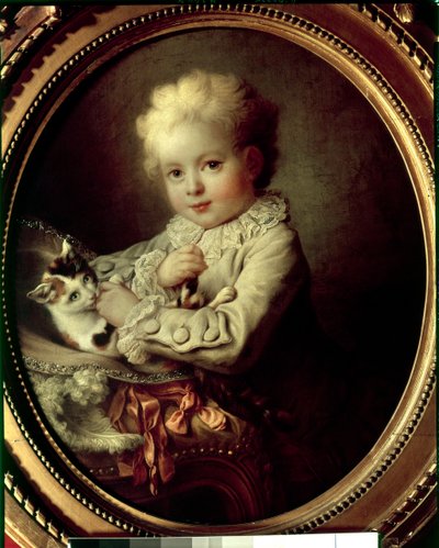 Porträt eines jungen Jungen, der mit einer Katze spielt von Francois Hubert Drouais