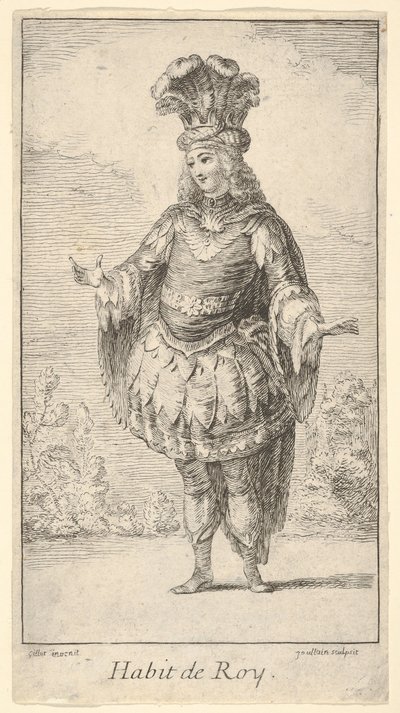 Habit de Roy: ein Mann trägt ein Tonnelet, dekoriert mit Rosetten, eine Krone und einen Turban, ca. 1721 von Francois Joullain