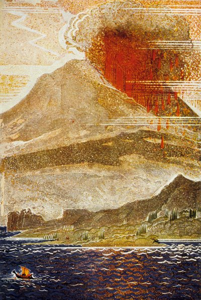 Die Odyssee von Homer: Odysseus nähert sich der Insel des Zyklopenvulkans, graviert von Theo Schmied, 1930-33 von Francois Louis Schmied