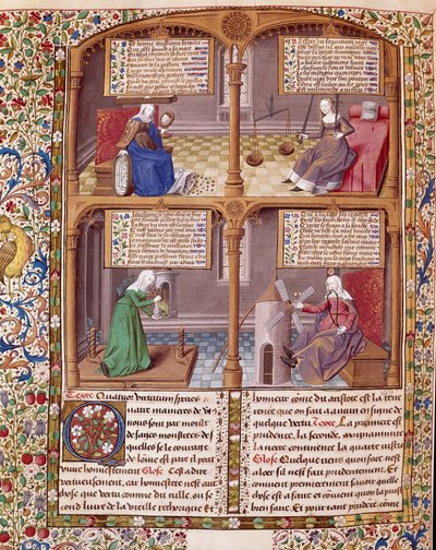 Die vier Kardinaltugenden: Klugheit, Stärke, Mäßigung und Gerechtigkeit. Seite aus einem Manuskript von Seneca, illuminiert vom Meister François von Maître François