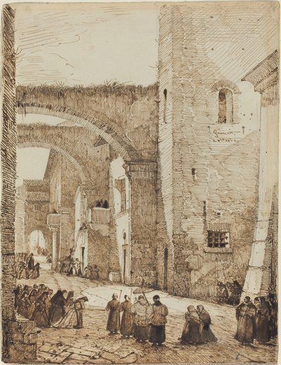 Ein Priester, der durch eine mittelalterliche Straße in Viterbo zieht von Francois Marius Granet