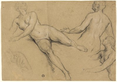 Blatt mit Studien: Drei Frauen und eine Hand (recto); Skizzen von männlichen Akten, Köpfen und Hand (verso) von Francois Marot