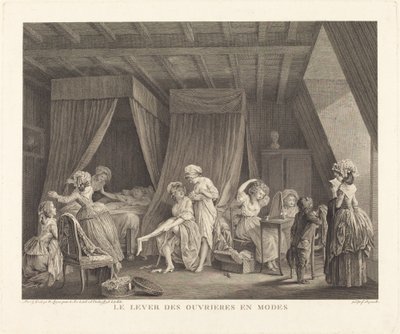 Das Aufstehen der Modeschneiderinnen von Francois Nicolas Barthelemy Dequevauviller after Nicolas Lavreince