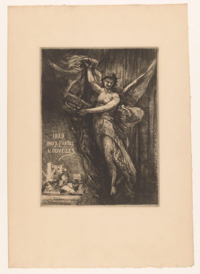 Titelblatt mit Engel und Druckpresse von Francois Nicolas Chifflart