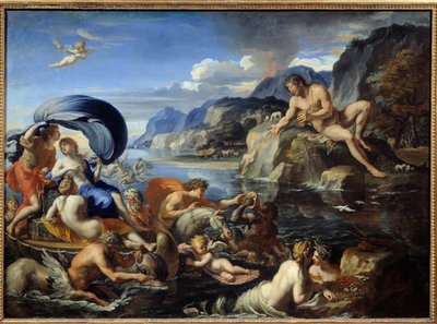 Acis und Galatea. Die Nymphe Galatea und Acis werden vom Zyklopen Polyphem beobachtet, der eifersüchtig auf ihre idyllische Liebe ist. Nach Ovids „Metamorphosen“. Gemälde von François Perrier von Francois Perrier