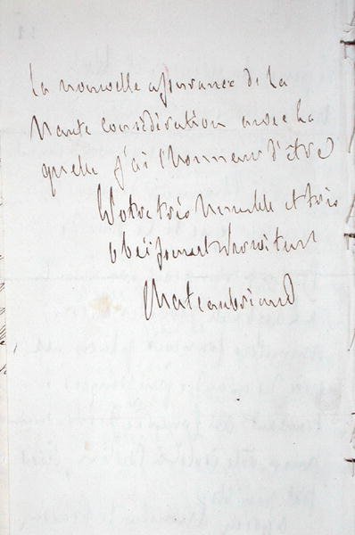 Brief mit Unterschrift des Schriftstellers, geschrieben in Frankfurt auf dem Weg zu Chateaubriands neuem Posten als bevollmächtigter Minister in Berlin, 7. Januar 1821 von Francois Rene Vicomte de Chateaubriand