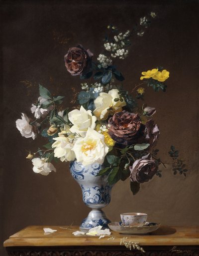 Rosen und andere Blumen in einer blau-weißen Vase und eine Teetasse auf einem Sims, 1876 von Francois Rivoire