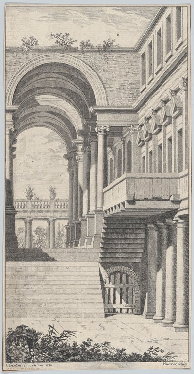 Architektonische Ansicht mit einem Bogen, 1740 von Francois Vivares