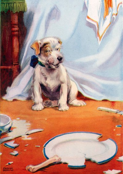 Hund mit zerbrochenem Teller (Farblithografie) von Frank Adams