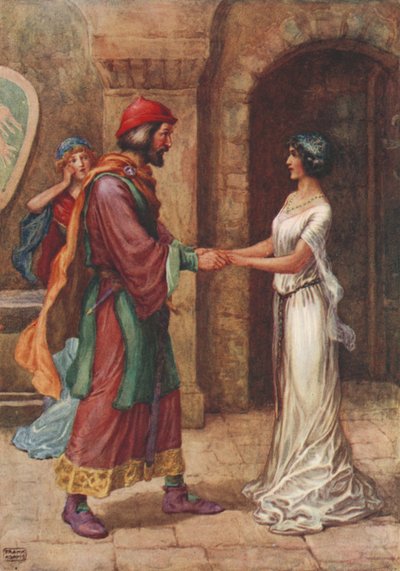 Geraldine und der Baron, aus „Christabel“ von Samuel Taylor Coleridge (Farblithografie) von Frank Adams