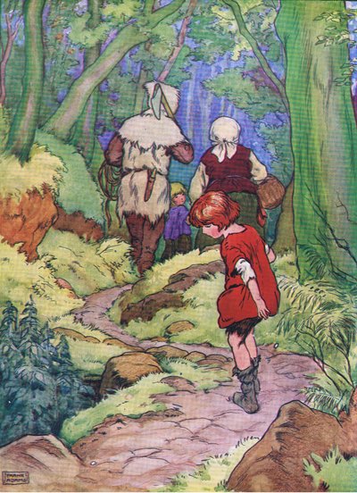 Hänsel blieb stehen und ließ jedes Mal einen weißen Kiesel fallen, aus Hänsel und Gretel, veröffentlicht von Blackie & Son Limited, ca. 1940 von Frank Adams