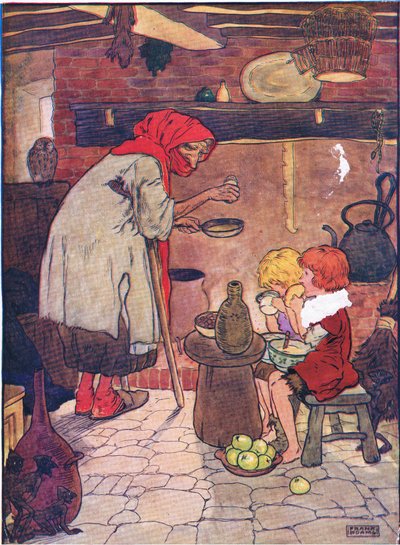 Sie führte sie hinein und gab ihnen ein schönes Abendessen, aus Hänsel und Gretel, veröffentlicht von Blackie & Son Limited, ca. 1940 von Frank Adams