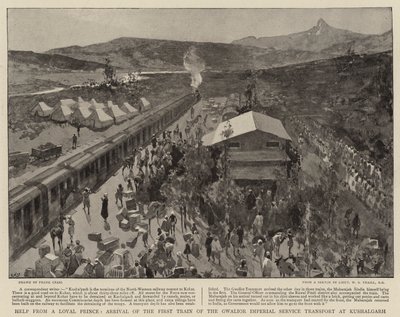 Hilfe von einem treuen Prinzen, Ankunft des ersten Zuges des Gwalior Imperial Service Transport in Kushalgarh von Frank Craig
