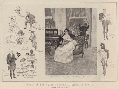 „Ours“ im Globe Theatre, eine Szene in Akt II (Lithografie) von Frank Craig