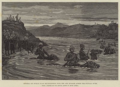 General Sir Evelyn Wood bei der Aufklärung mit den 15. Husaren über den Buffalo River von Frank Dadd