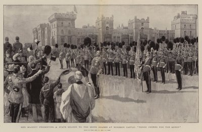 Ihre Majestät überreicht eine Staatsfahne an die Scots Guards im Windsor Castle, Drei Hochs auf die Königin von Frank Dadd