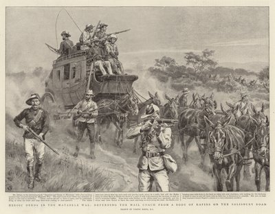 Heroische Taten im Matabele-Krieg, Verteidigung der Postkutsche gegen eine Gruppe von Kafirs auf der Salisbury Road von Frank Dadd
