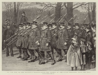 Auf dem Weg zum Empfang Ihrer Majestät, die Yeomen der Garde marschieren die Mall hinunter von Frank Dadd