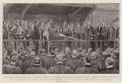 Die Huldigung der Stadt an den Sirdar, der Lord Mayor überreicht Lord Kitchener ein Ehrenschwert in der Guildhall von Frank Dadd