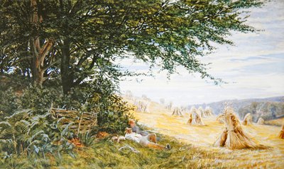 Paar ruht sich unter einem Baum in einem Kornfeld aus von Frank Walton