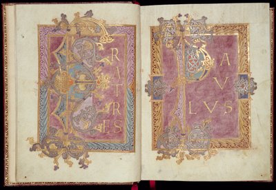 Ms McClean 30, ff.2v-3r: Initialseiten eingerahmt mit Akanthusblättern, aus dem Reichenauer Epistolary, spätes 10. Jahrhundert (Goldtinte & Tempera auf Pergament) von Frankish School