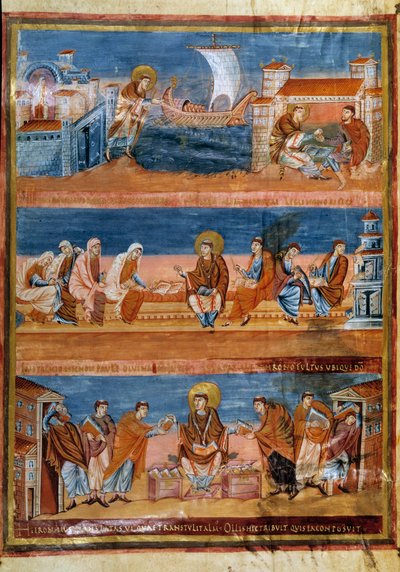 Heiliger Hieronymus verlässt Rom und bezahlt seinen Lehrer in Jerusalem (oben), arbeitet mit seinen Schreibern (Mitte) und verteilt die Vulgata (unten). Miniatur in „Erste Bibel von Karl dem Kahlen, auch bekannt als Bibel von Vivien“ (Folio 3v), 845-846. B von Frankish School