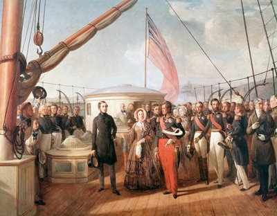 Interview zwischen Victoria, Königin von England, und Louis-Philippe, König von Frankreich, an Bord der Yacht Victoria und Albert, vor Treport, 2. September 1843 (Detail) von François Auguste Biard