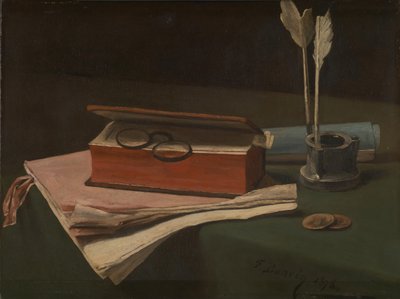 Stillleben mit Buch, Papieren und Tintenfass, 1876 von François Bonvin