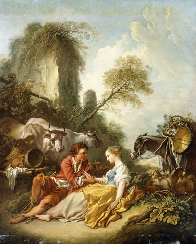 Eine pastorale Landschaft mit einem Hirten und einer Hirtin, die bei Ruinen sitzen von François Boucher