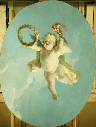 Ein Putto im Flug, der einen Kranz und eine Fackel hält von François Boucher