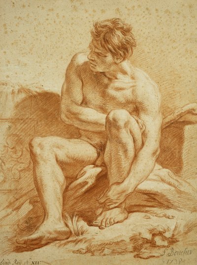 Ein sitzender Akt mit einem Stab, ein Relief mit Putti links von François Boucher