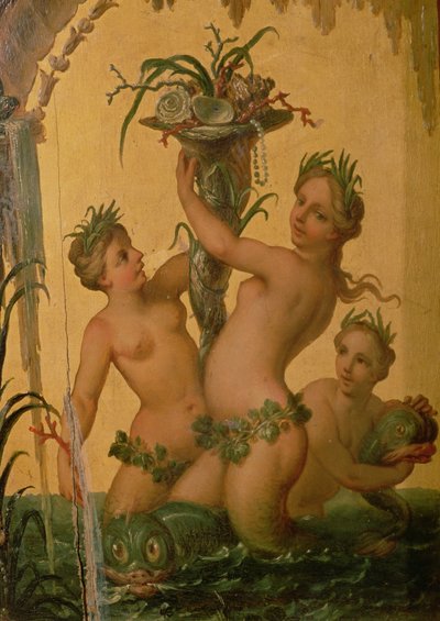 Detail von Sirenen, die ein Füllhorn halten, aus der Staatskutsche von Peter dem Großen von François Boucher
