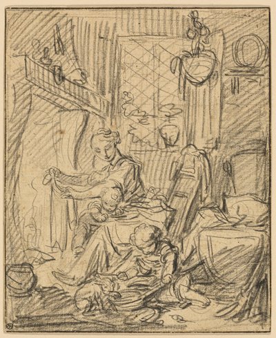 Heimatszene: Mutter mit zwei kleinen Kindern vor einem Kamin von François Boucher