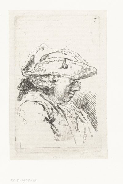 Kopf eines Mannes mit Brille und Dreispitz (Suite von kleinen Genrestücken und Köpfen) von François Boucher