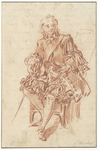 Jodelet, der auf einem Stuhl sitzt (Illustration von Les Précieuses Ridicules aus der Ausgabe von 1734 von Molières Werken, Band I, S. 247) von François Boucher