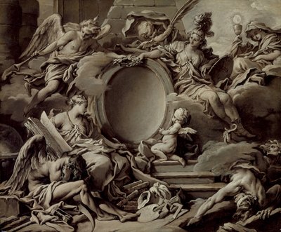 Entwurf für eine Kartusche: Eine Allegorie von Minerva, Ruhm, Geschichte und Glaube, die Unwissenheit und Zeit überwinden, ca. 1727 von François Boucher