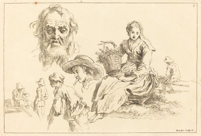Figurenstudien einschließlich bärtiges Gesicht eines alten Mannes von François Boucher after Abraham Bloemaert
